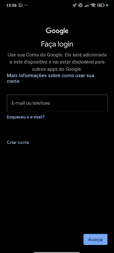 Tela de login do Google com o campo E-mail ou telefone vazio.